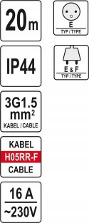 YATO PRZEDŁUŻACZ BĘBNOWY BUDOWLANY 20m NA BĘBNIE 4 GNIAZDA 3x1,5MM